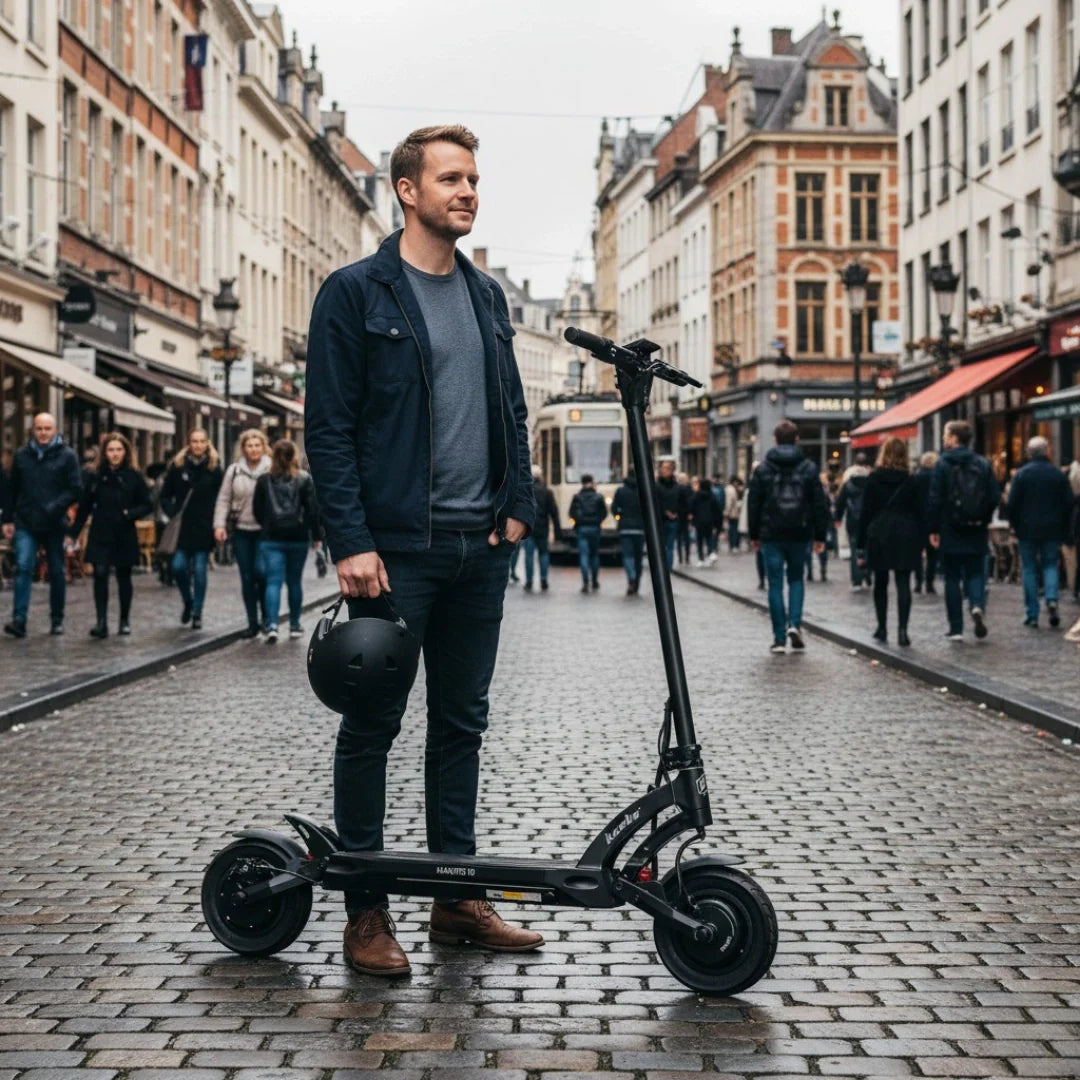 Electric scooter Kaabo Mantis 10 PLUS – man standing with scooter in city