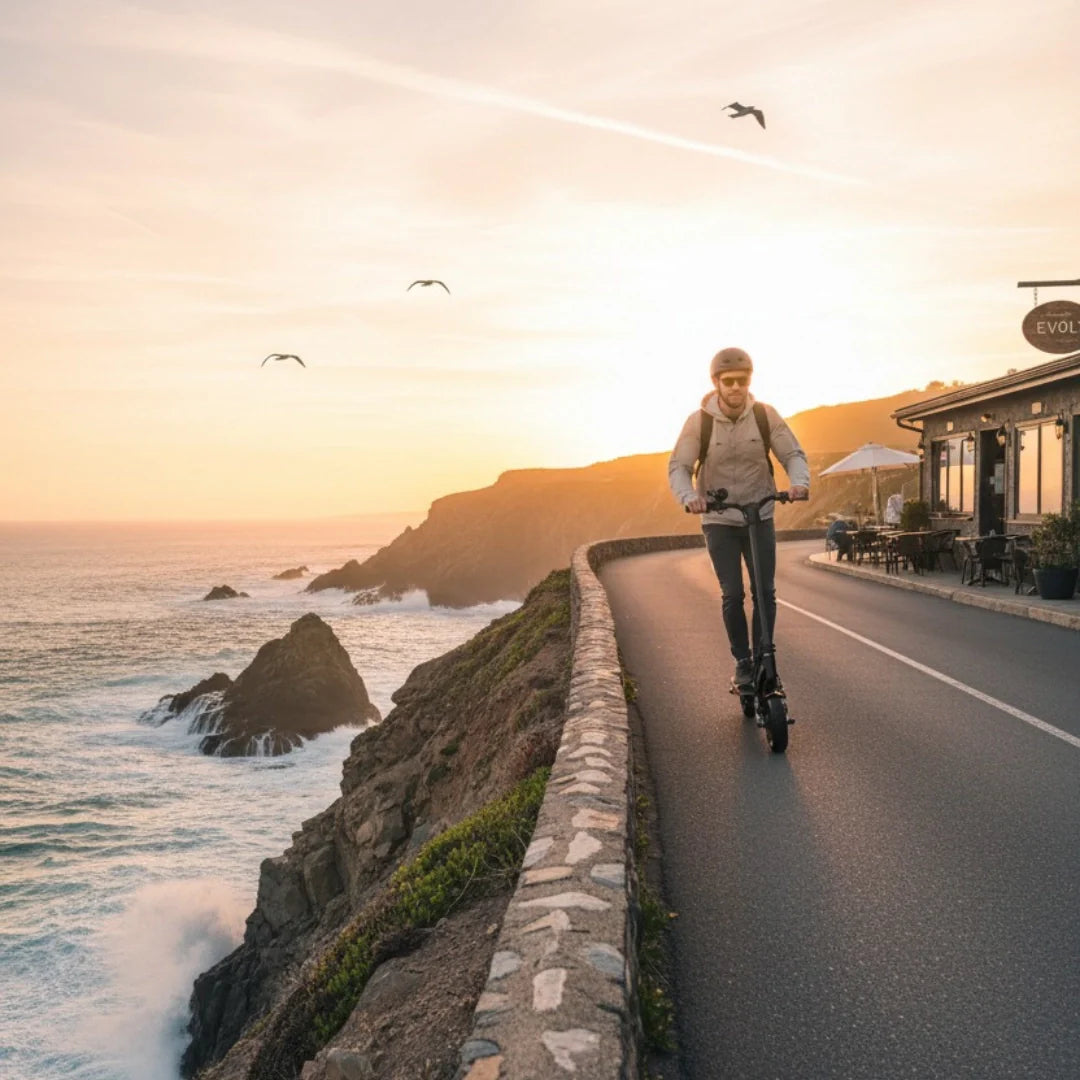Electric scooter Kaabo Mantis 10 PLUS – man riding on coastal road