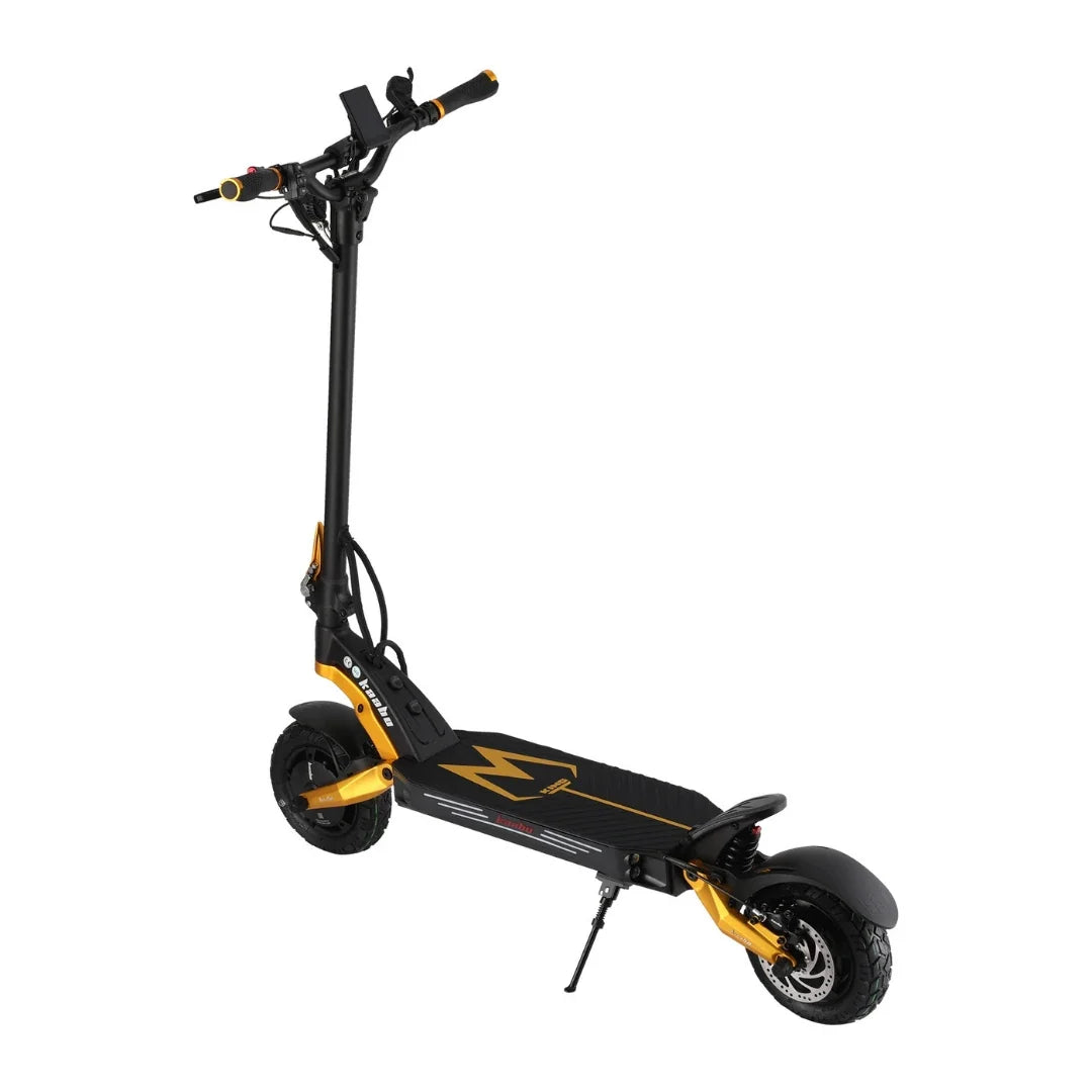 Electric scooter Kaabo Mantis King GT – rear three-quarter view, kickstand down