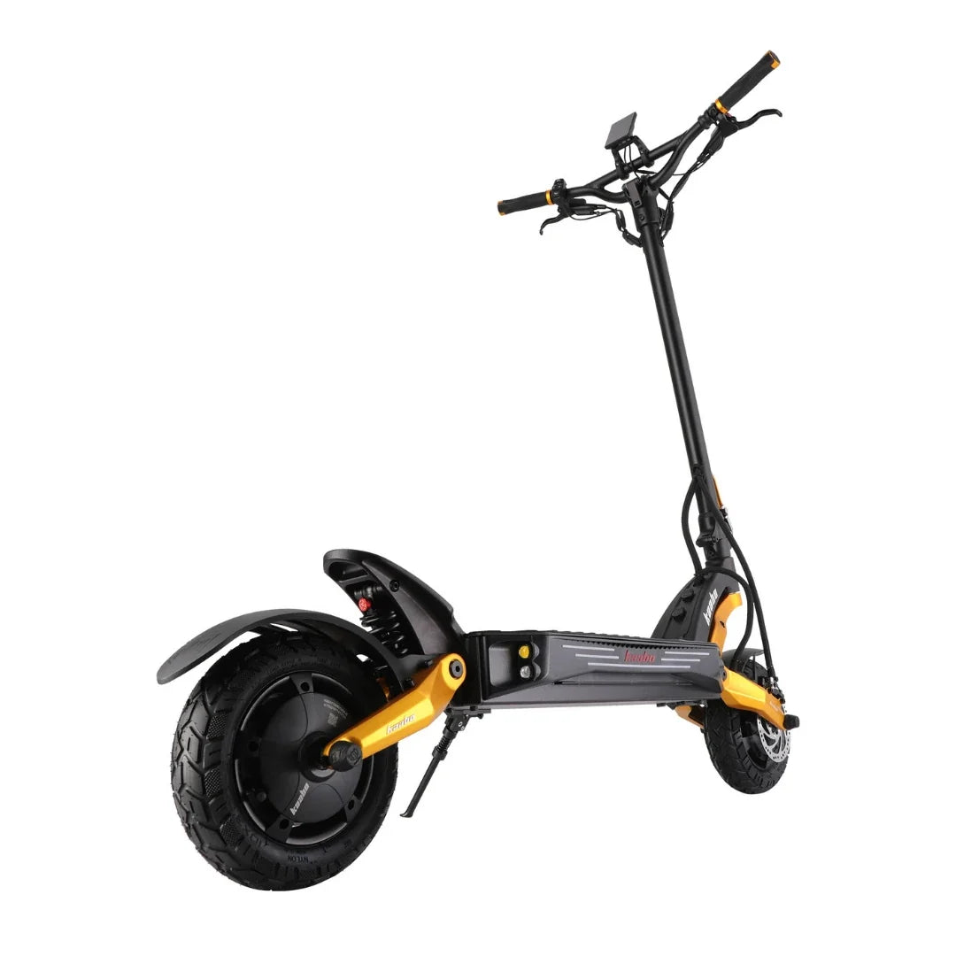 Electric scooter Kaabo Mantis King GT – rear three-quarter view, kickstand down
