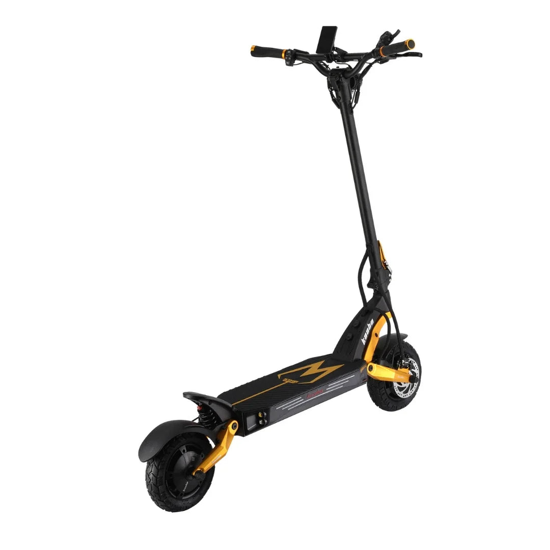 Electric scooter Kaabo Mantis King GT – rear three-quarter view, kickstand down