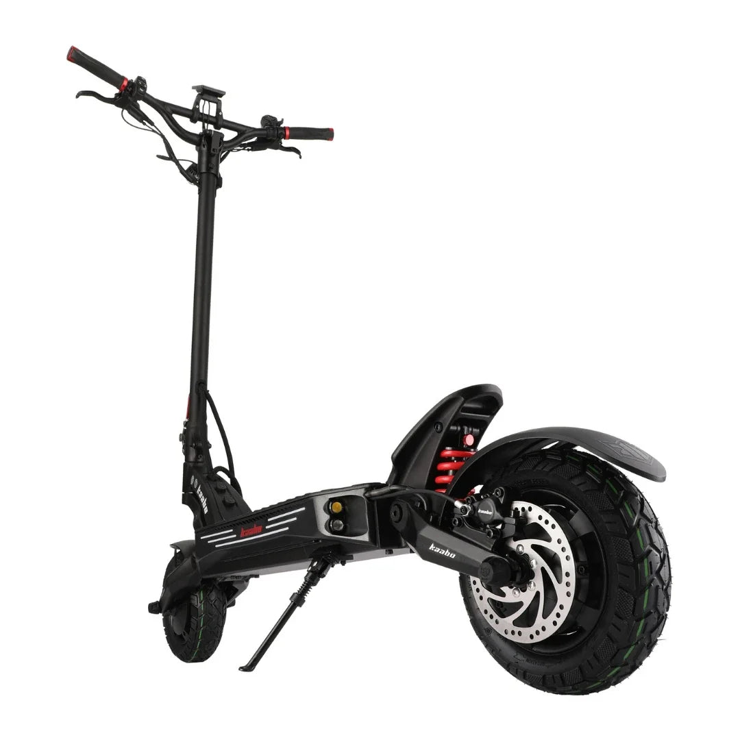 Electric scooter Kaabo Mantis King GT – rear three-quarter right view, kickstand down
