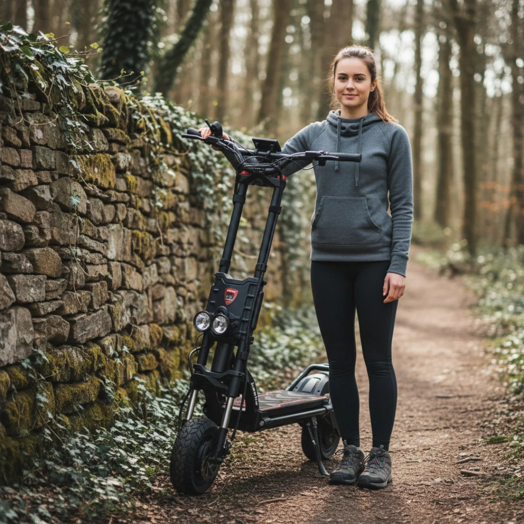 Electric scooter Kaabo Wolf King GTR MAX – woman standing with scooter on trail