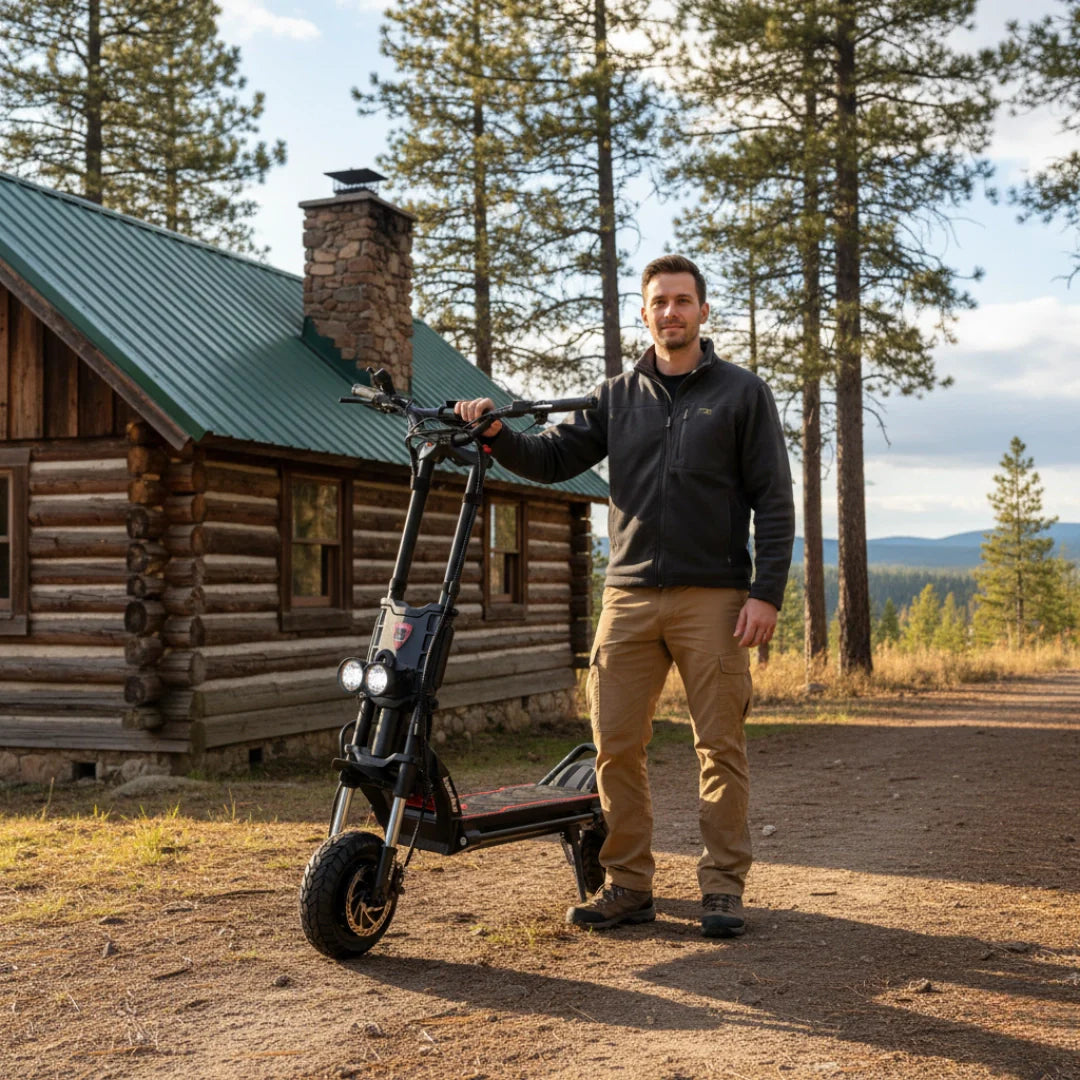 Electric scooter Kaabo Wolf King GTR MAX – man standing with scooter by cabin
