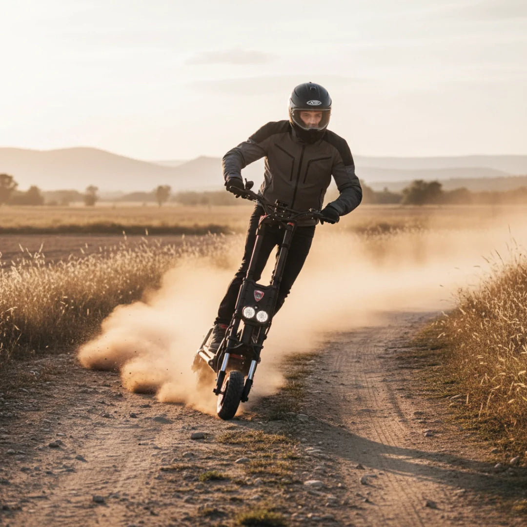 Electric scooter Kaabo Wolf King GTR MAX – rider on dirt path kicking up dust