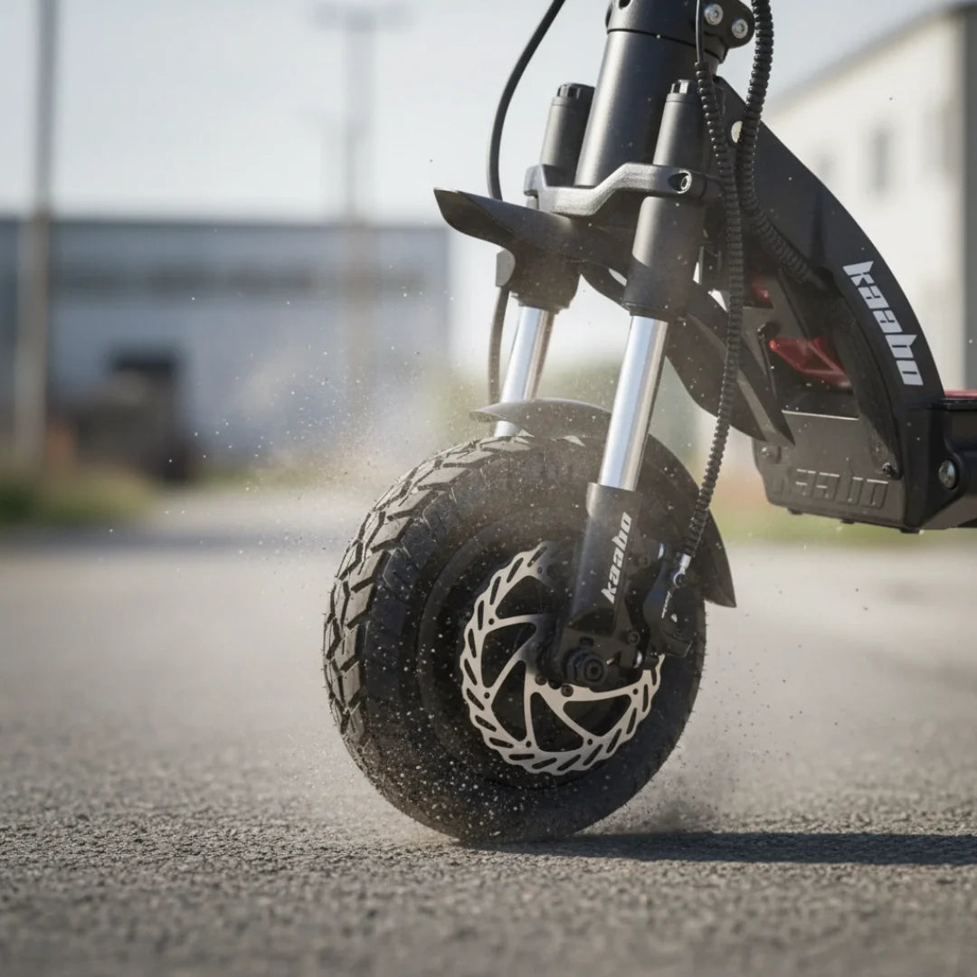 Electric scooter Kaabo Wolf King GTR MAX – front wheel and suspension close-up