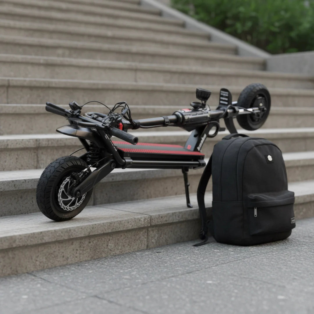 Electric scooter Kaabo Wolf King GTR MAX – folded scooter and backpack on steps