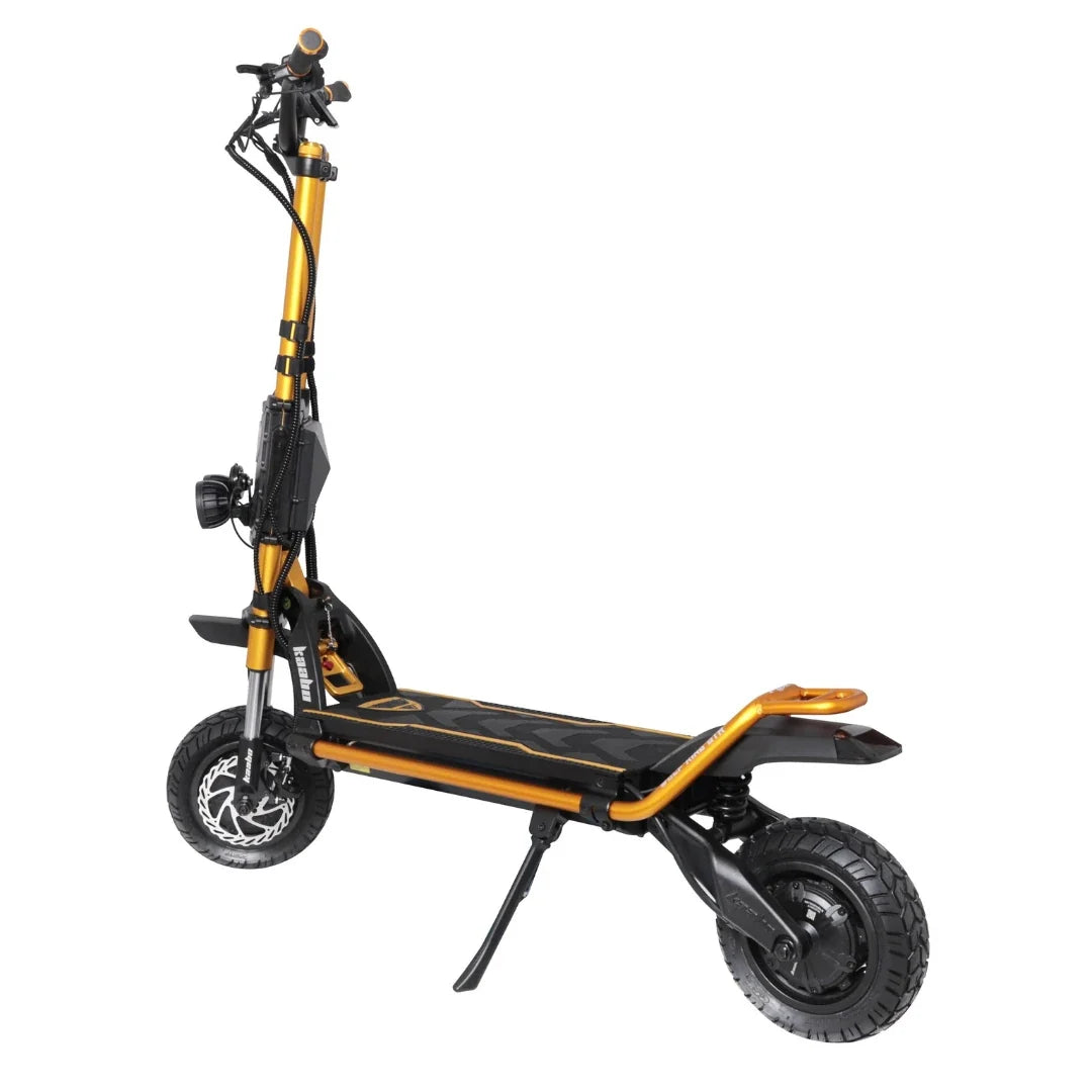 Electric scooter Kaabo Wolf King GTR MAX – front three-quarter view, kickstand down