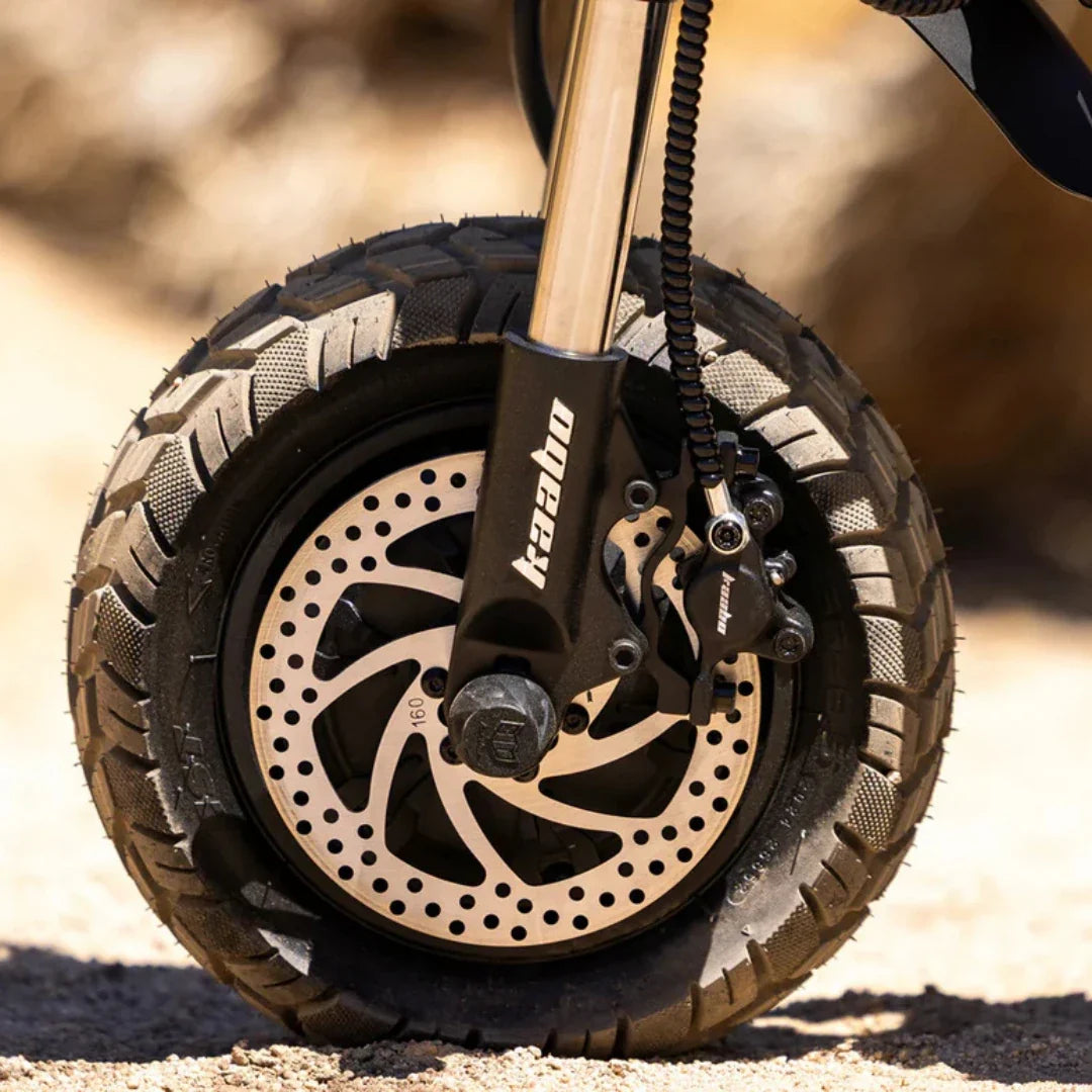 Electric scooter Kaabo Wolf Warrior 11 MAX – front wheel, tire, disc brake, and suspension