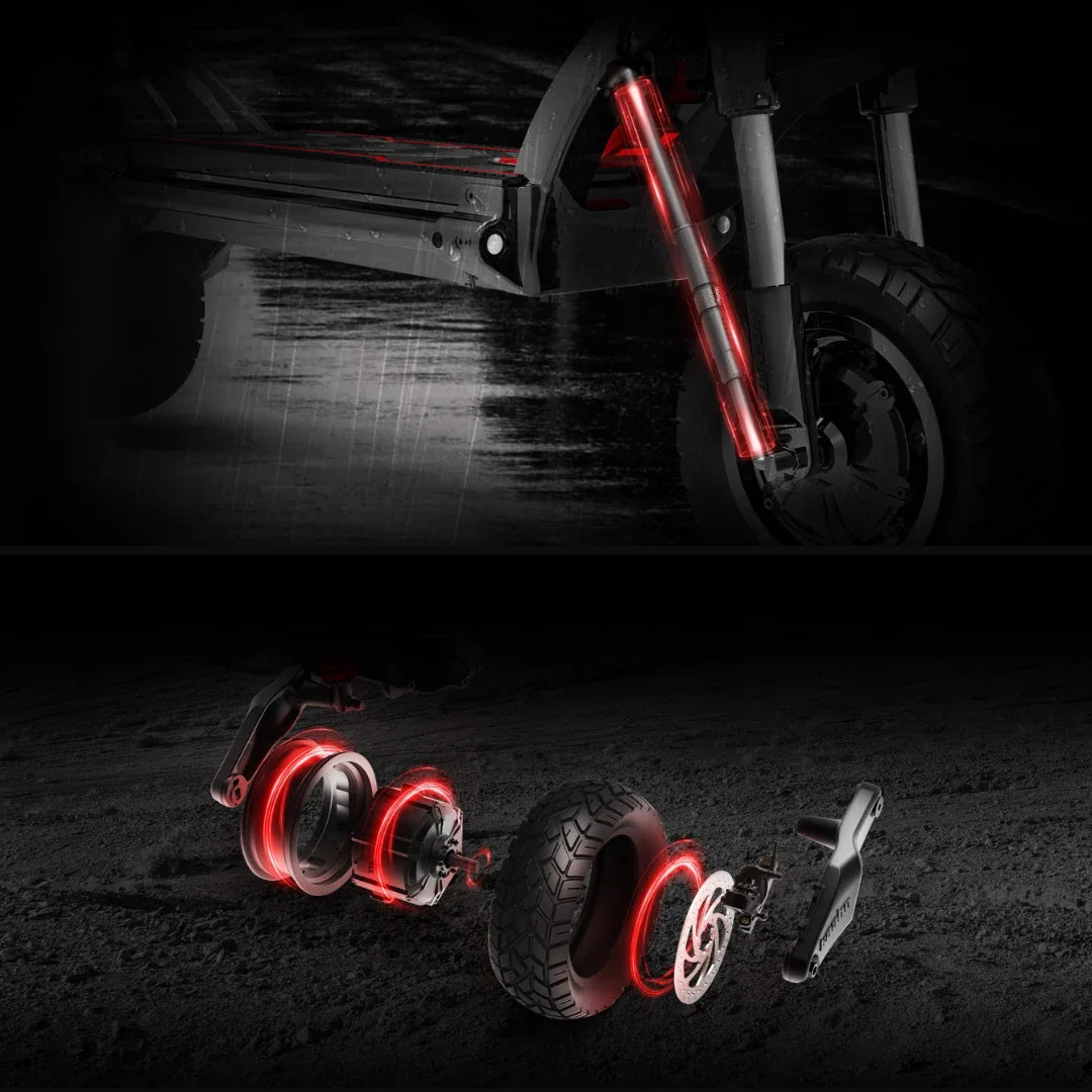 Electric scooter Kaabo Wolf Warrior 11 MAX – exploded view of front wheel and suspension