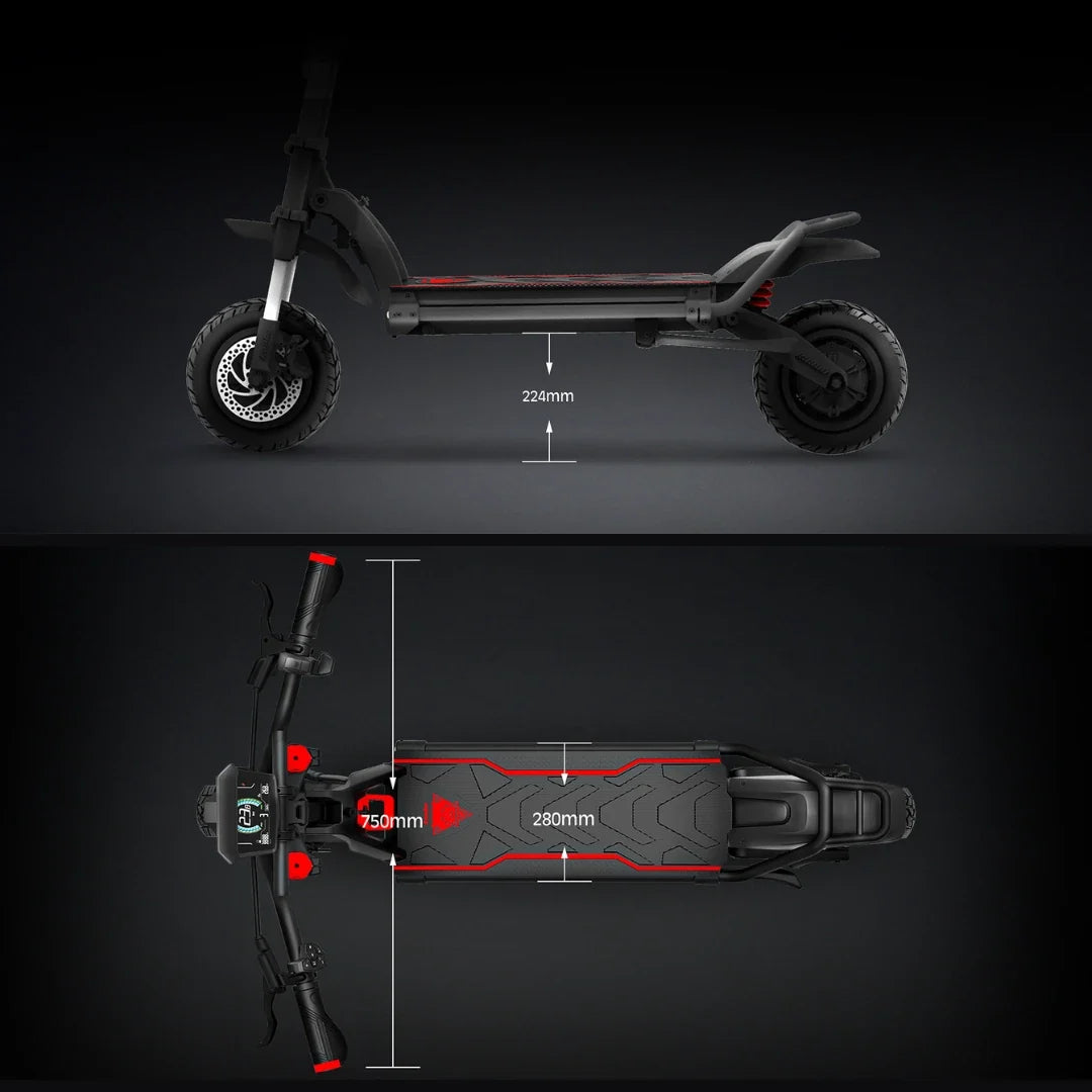 Electric scooter Kaabo Wolf Warrior 11 MAX – dimensions infographic, side and top views