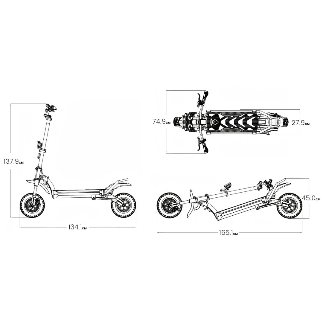 Electric scooter Kaabo Wolf Warrior 11 MAX – dimensions infographic, side, top, and folded views