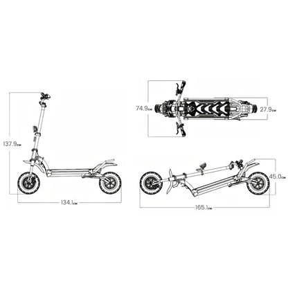Electric scooter Kaabo Wolf Warrior 11 MAX – dimensions infographic, side, top, and folded views