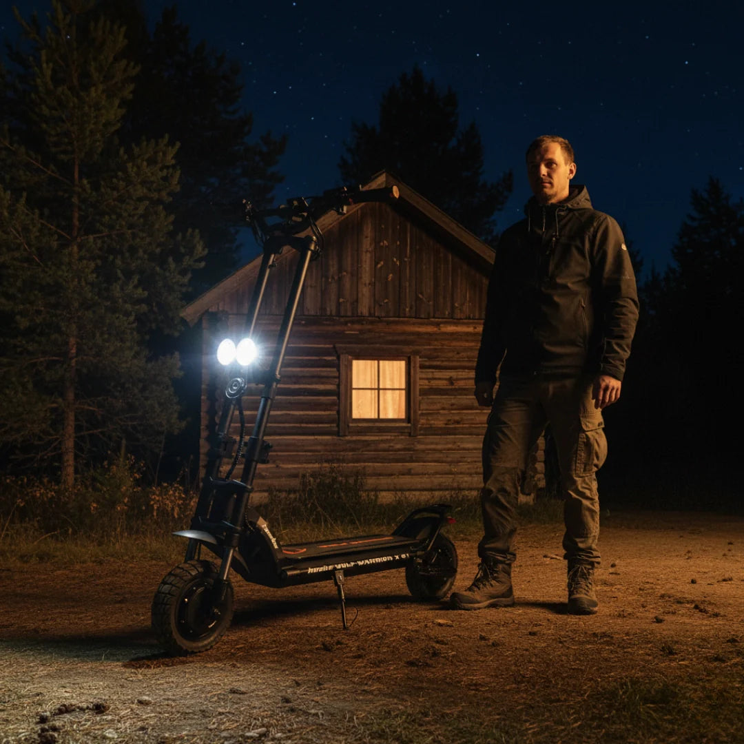Electric scooter Kaabo Wolf Warrior X GT – man standing next to scooter at night
