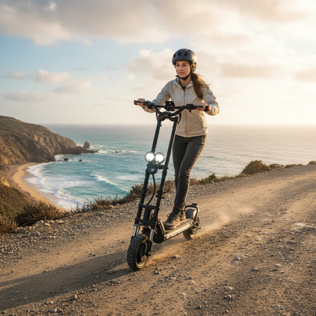 Electric scooter Kaabo Wolf Warrior X GT – woman riding scooter on coastal path
