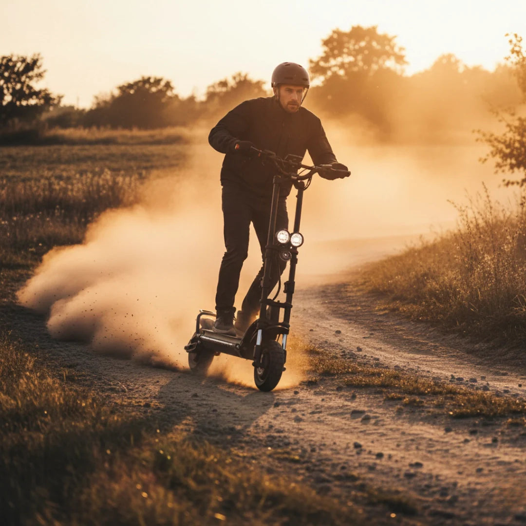 Electric scooter Kaabo Wolf Warrior X GT – man riding scooter on dusty track