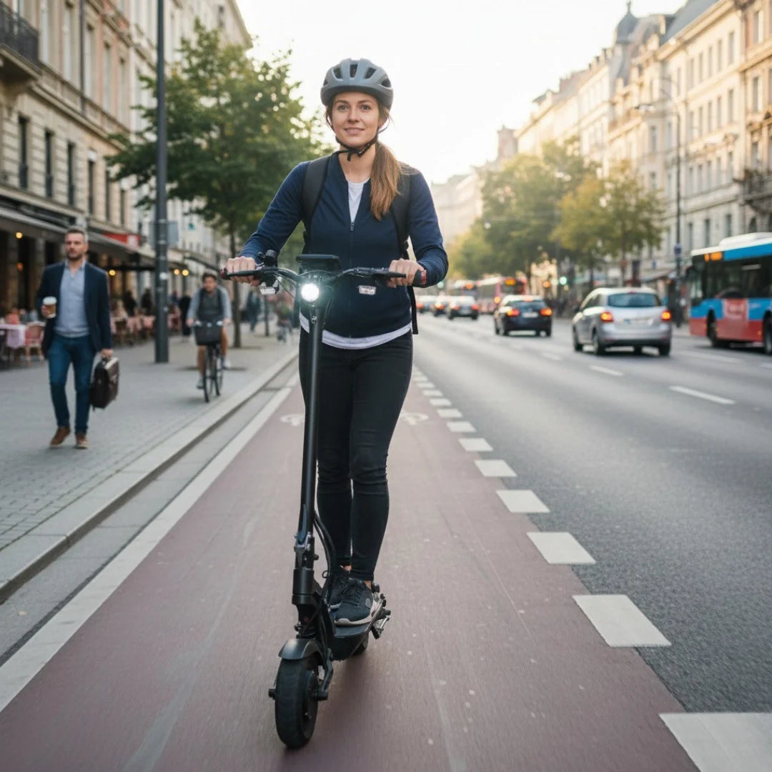 Electric scooter Kaabo Mantis X Plus – woman riding scooter on city street