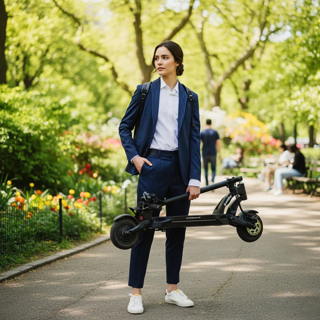 Electric scooter Kaabo Mantis X Plus – woman carrying folded scooter in park