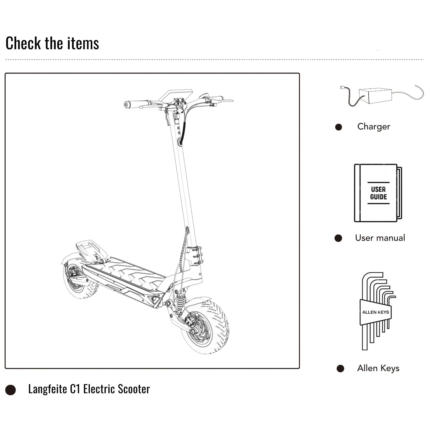 Electric scooter Langfeite C1 2026 – packaging contents infographic