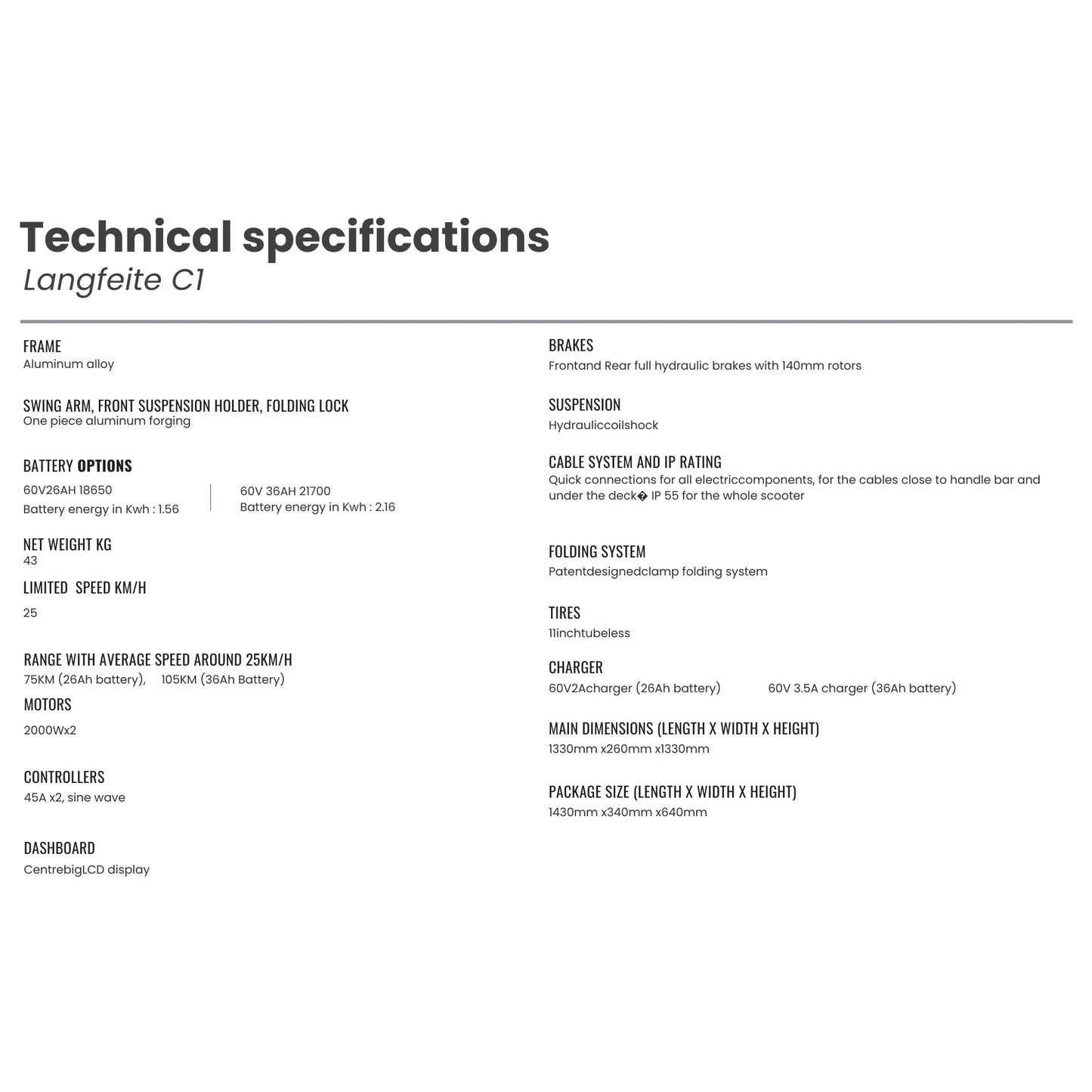 Electric scooter Langfeite C1 2026 – technical specifications text
