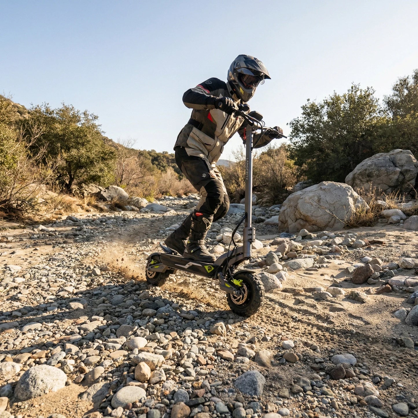 Electric scooter Langfeite C1 2026 – rider on rocky riverbed trail
