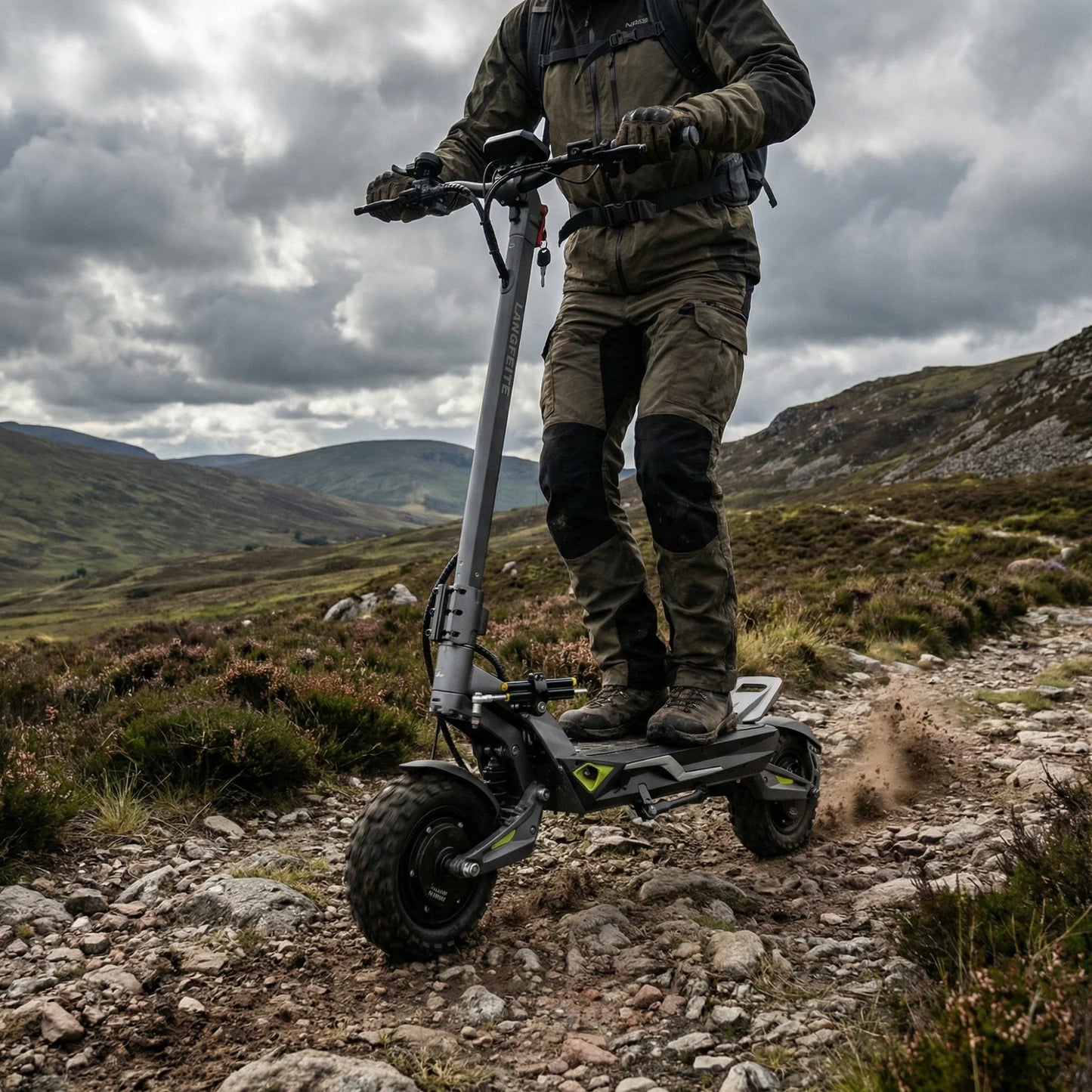 Electric scooter Langfeite C1 2026 – rider on rocky trail, low angle