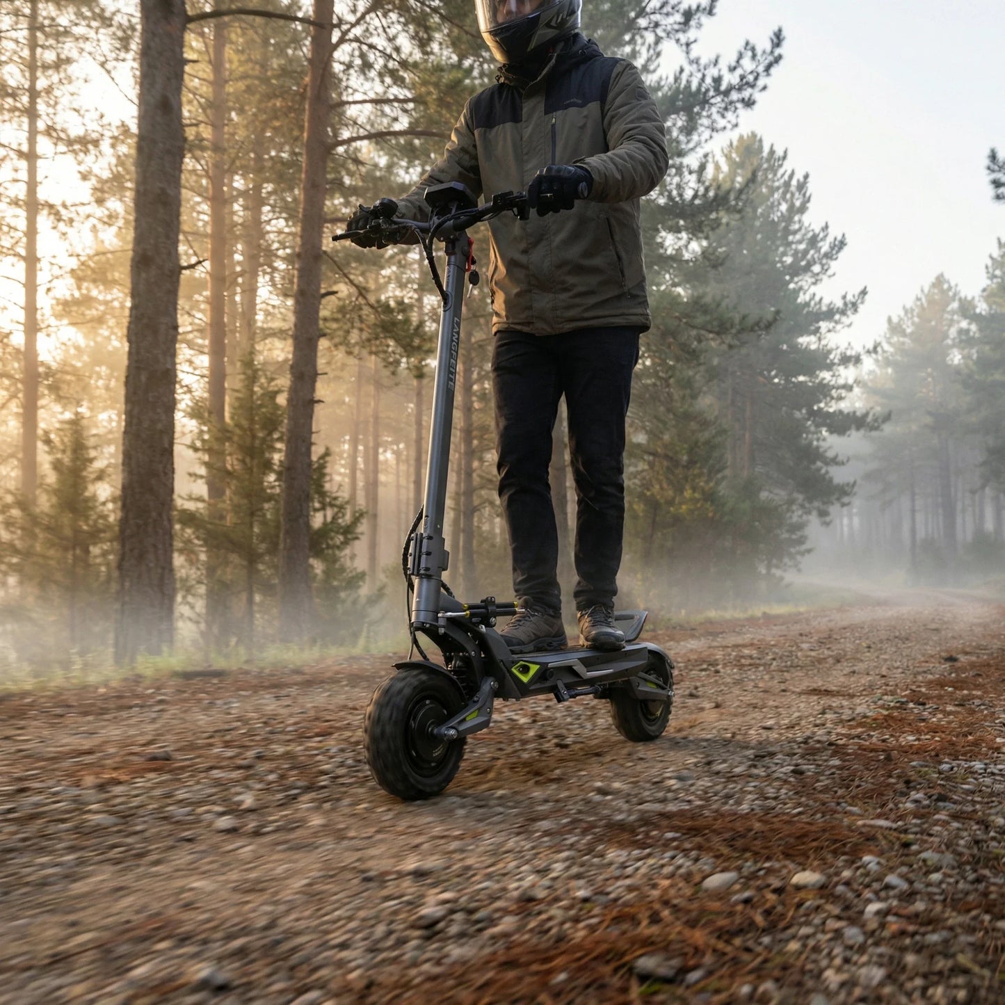 Electric scooter Langfeite C1 2026 – rider on forest path, misty morning