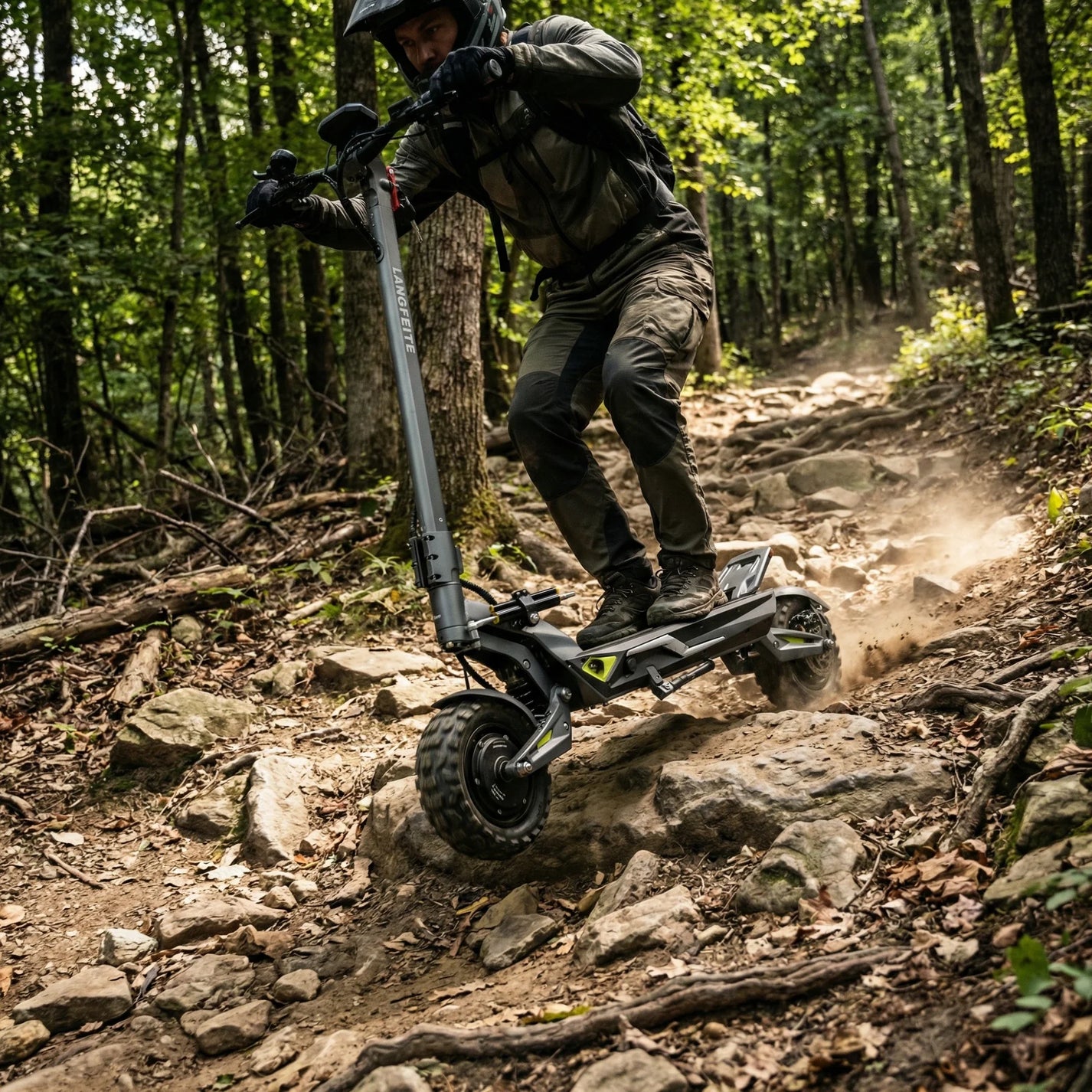 Electric scooter Langfeite C1 2026 – rider descending rocky forest path