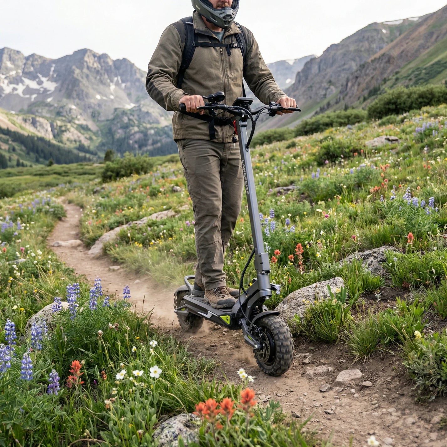 Electric scooter Langfeite C1 2026 – rider on mountain trail with wildflowers