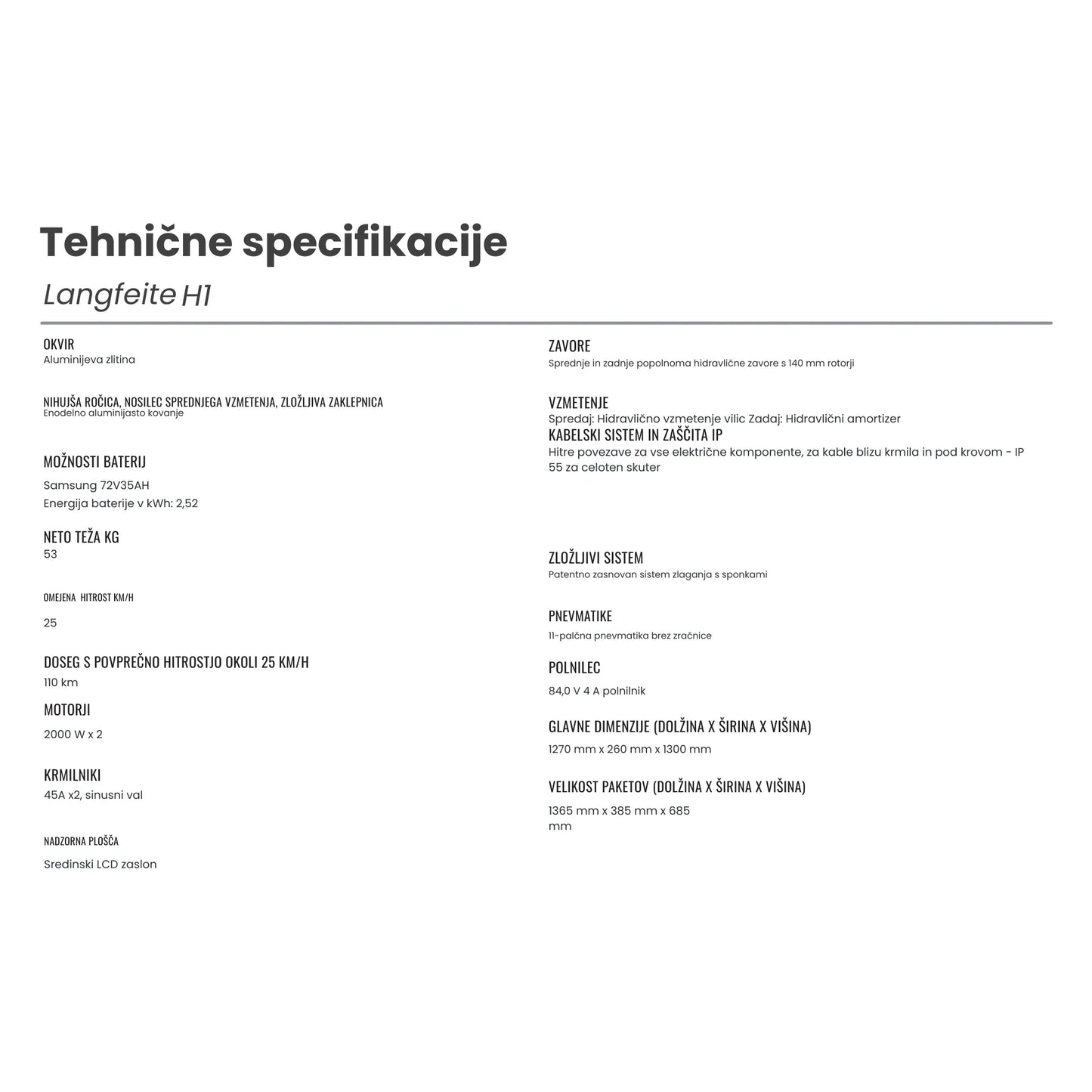 Electric scooter Langfeite H1 2026 – technical specifications in Slovenian