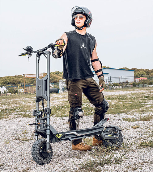 Electric scooter Langfeite H1 2026 – front view, rider standing next to