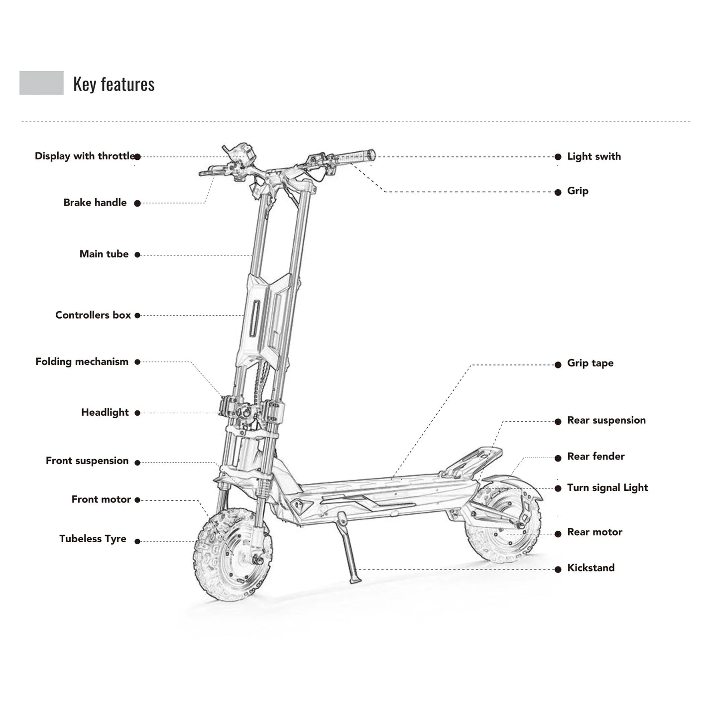 Electric scooter Langfeite H1 2026 – line drawing with English feature labels