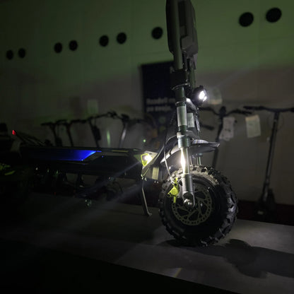 Electric scooter Langfeite H1 2026 – front wheel and headlight in darkness