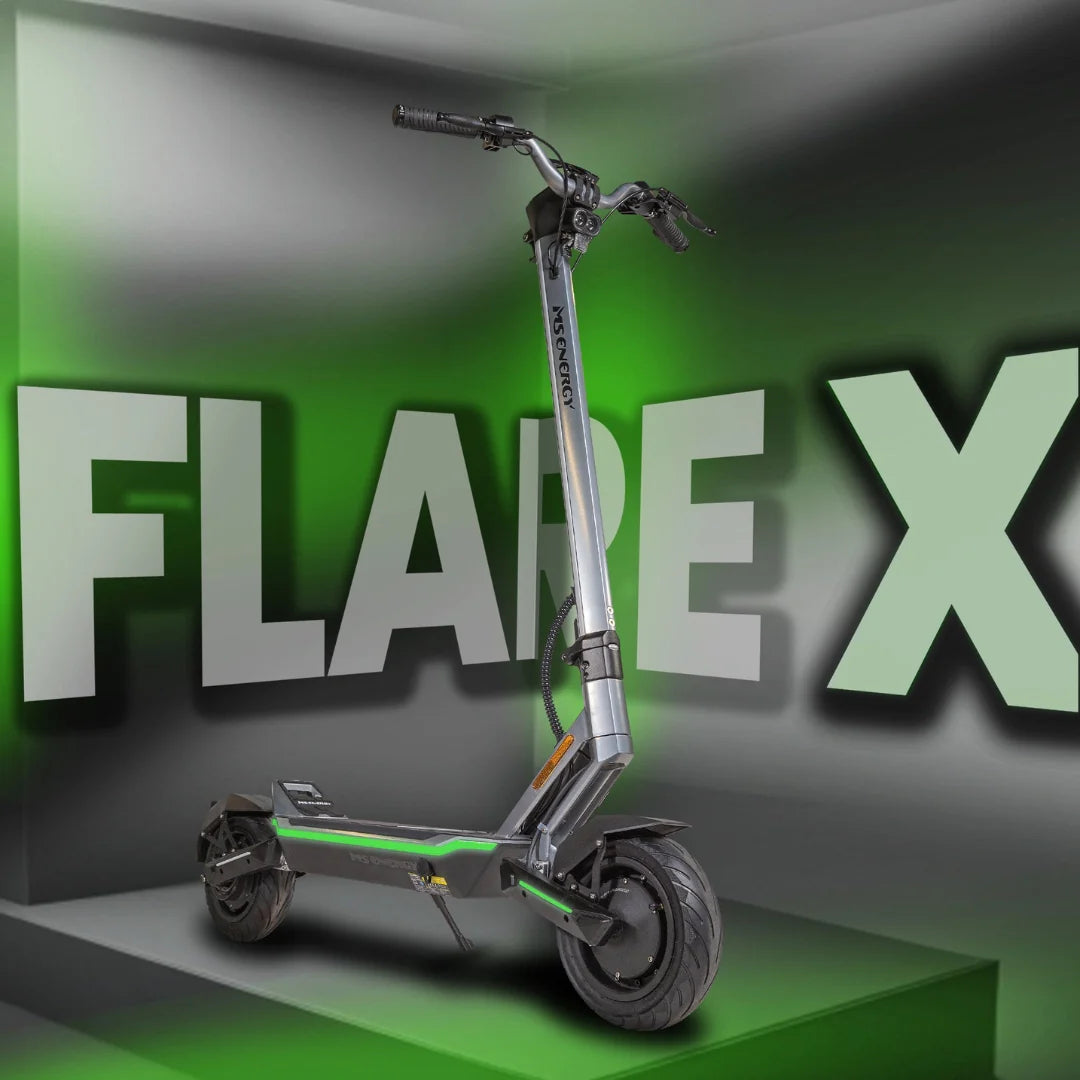 Electric scooter MS Energy Flare X – front three-quarter view with logo background