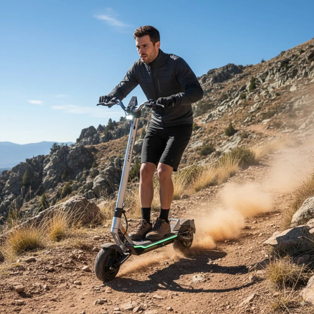 Electric scooter MS Energy Flare X – man riding scooter on dirt trail