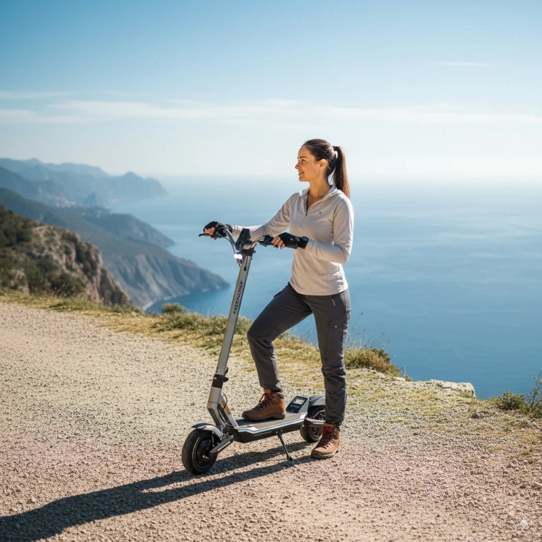 Electric scooter MS Energy Flare X – woman riding by the sea