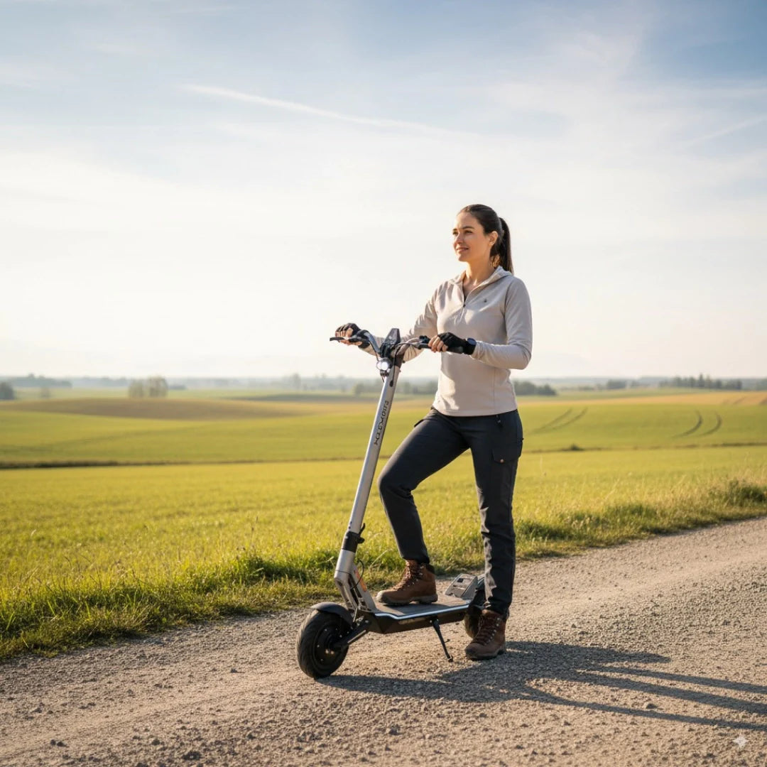 Electric scooter MS Energy Flare X – woman riding in field