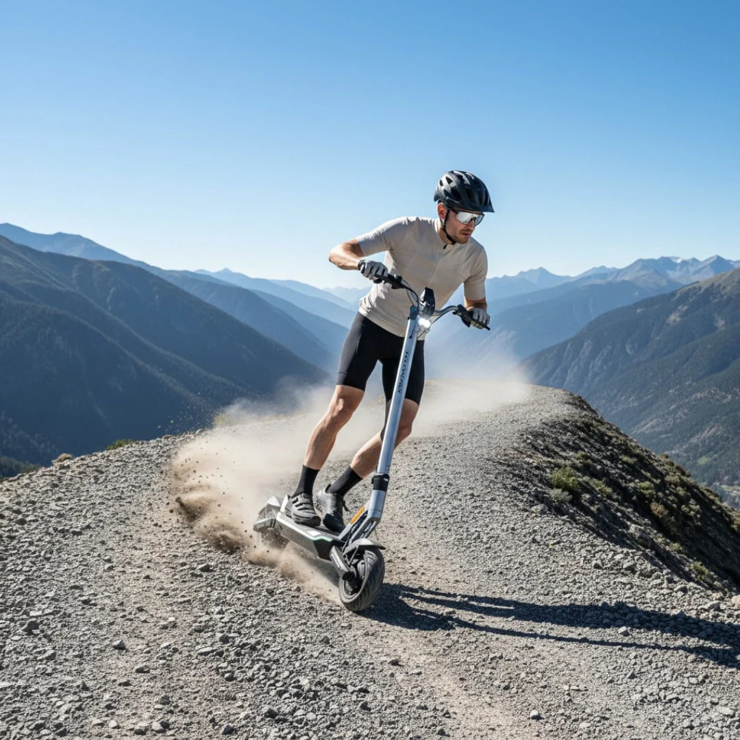 Electric scooter MS Energy Flare X – man riding scooter on mountain path