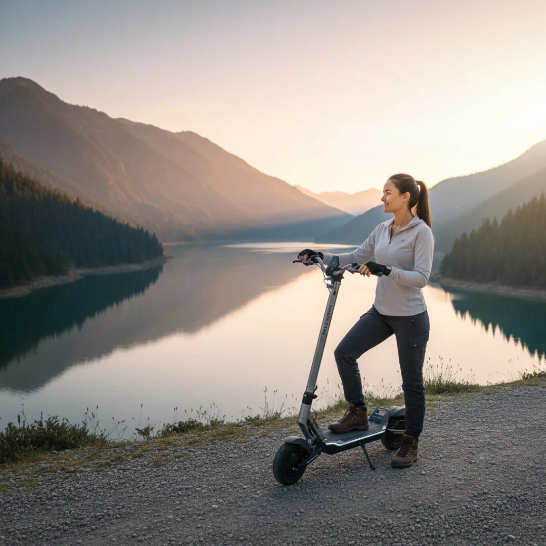 Electric scooter MS Energy Flare X – woman with scooter by lake