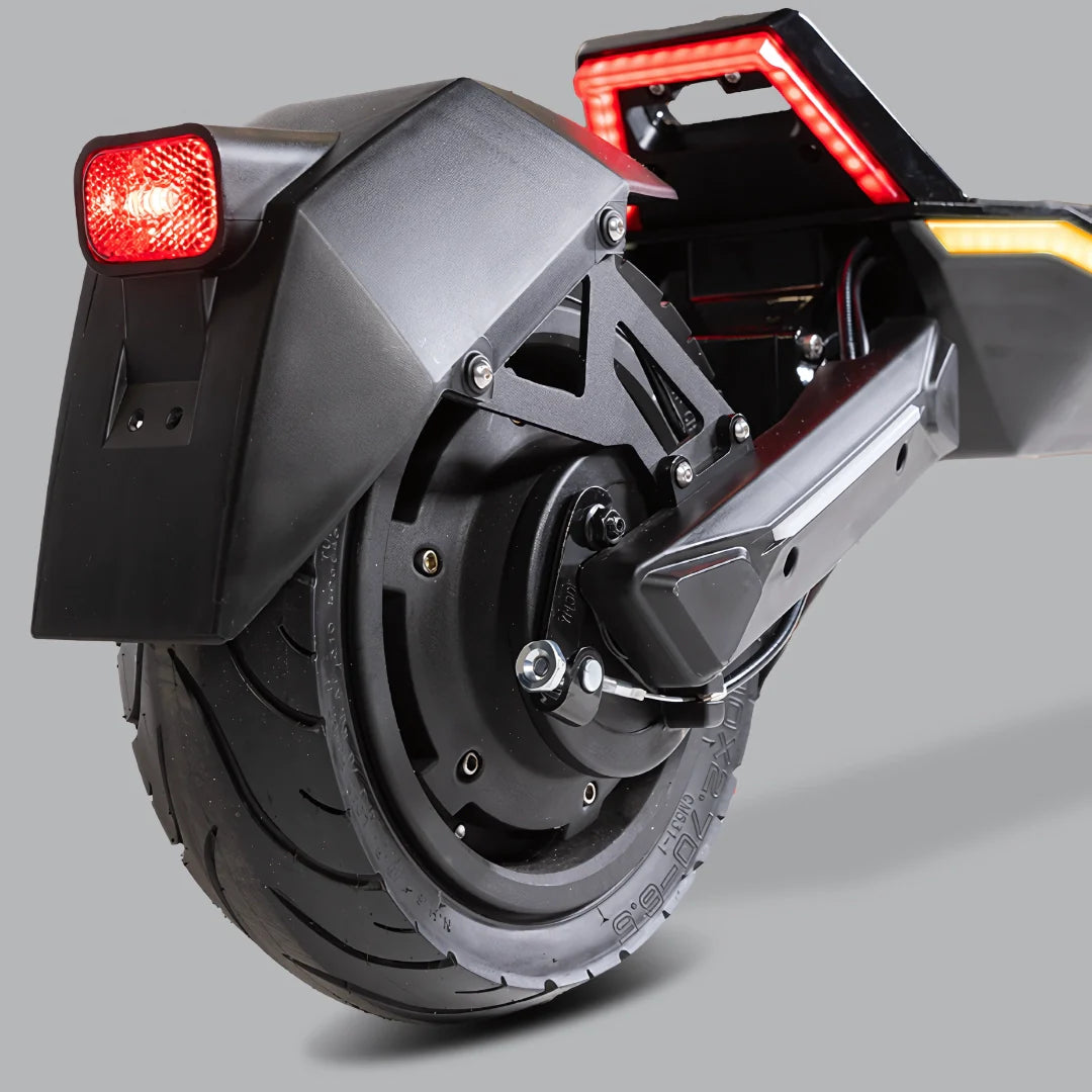 Electric scooter MS Energy Flare – rear wheel and brake light detail