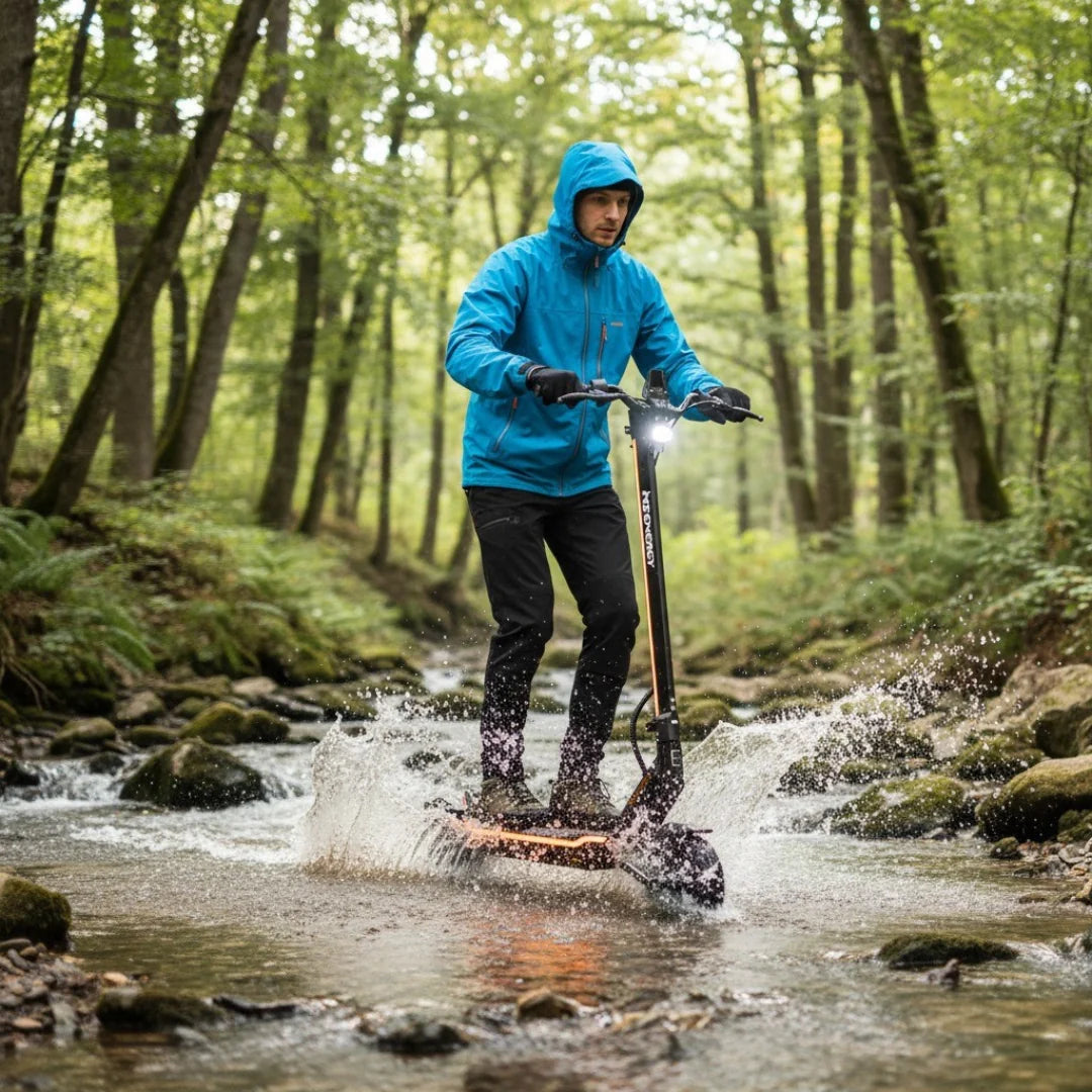 Electric scooter MS Energy Flare – person riding through stream in forest