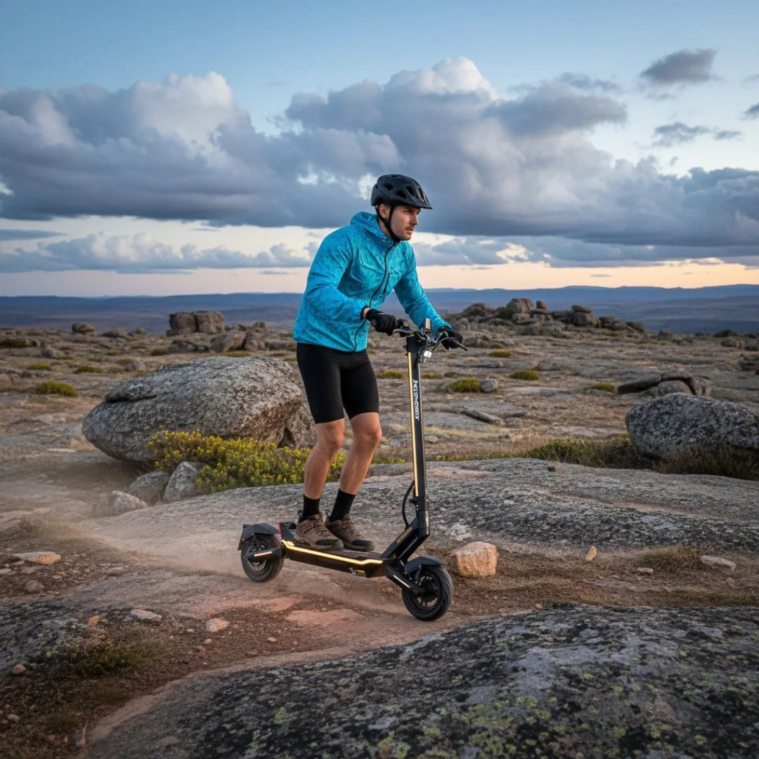 Electric scooter MS Energy Flare – man riding scooter on rocky terrain