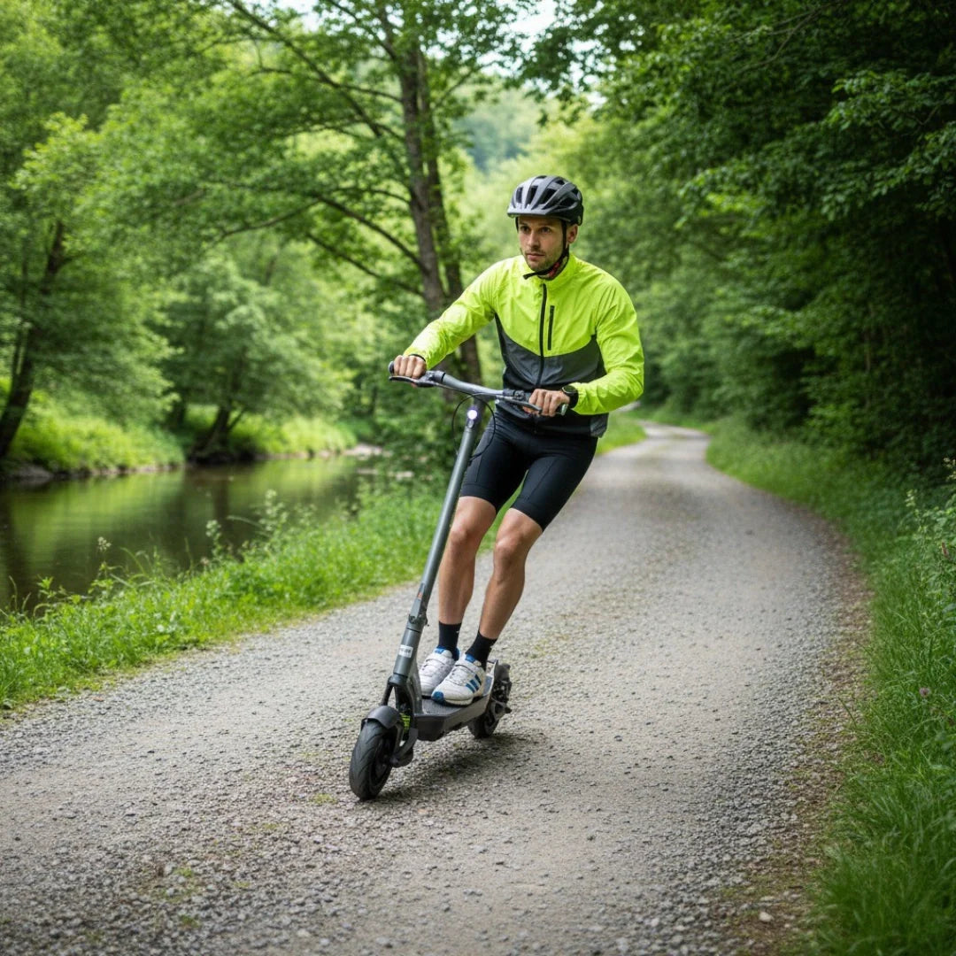 Electric scooter MS Energy Urban X – man riding on gravel path
