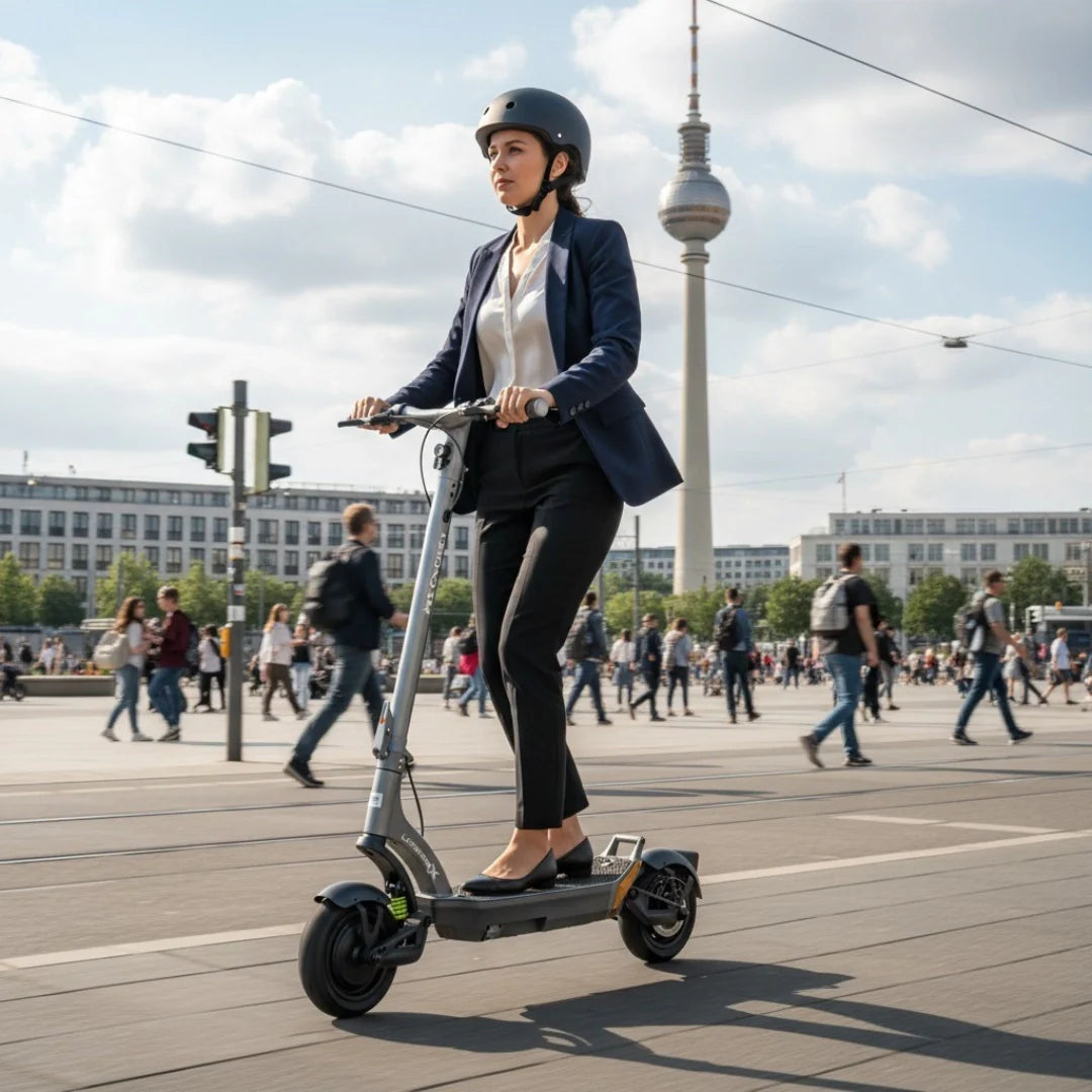Electric scooter MS Energy Urban X – woman riding in city, Berlin TV Tower