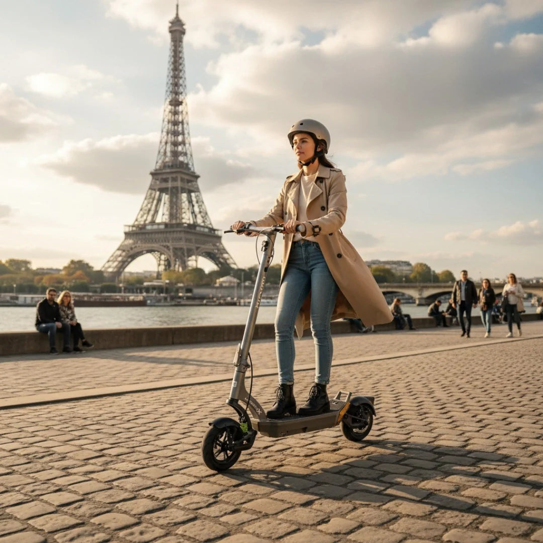 Electric scooter MS Energy Urban X – woman riding by Eiffel Tower