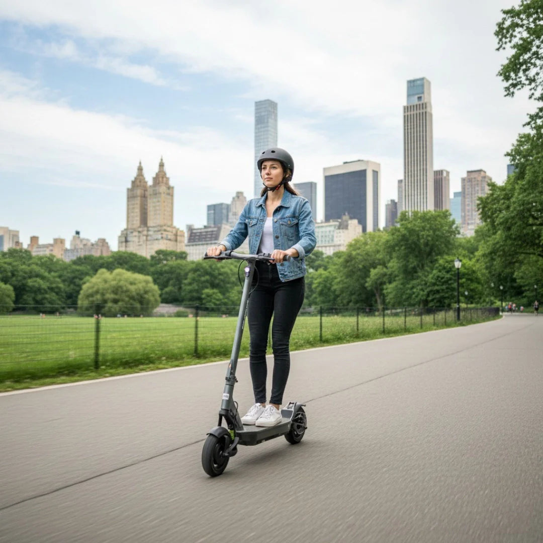 Electric scooter MS Energy Urban X – woman riding in city park