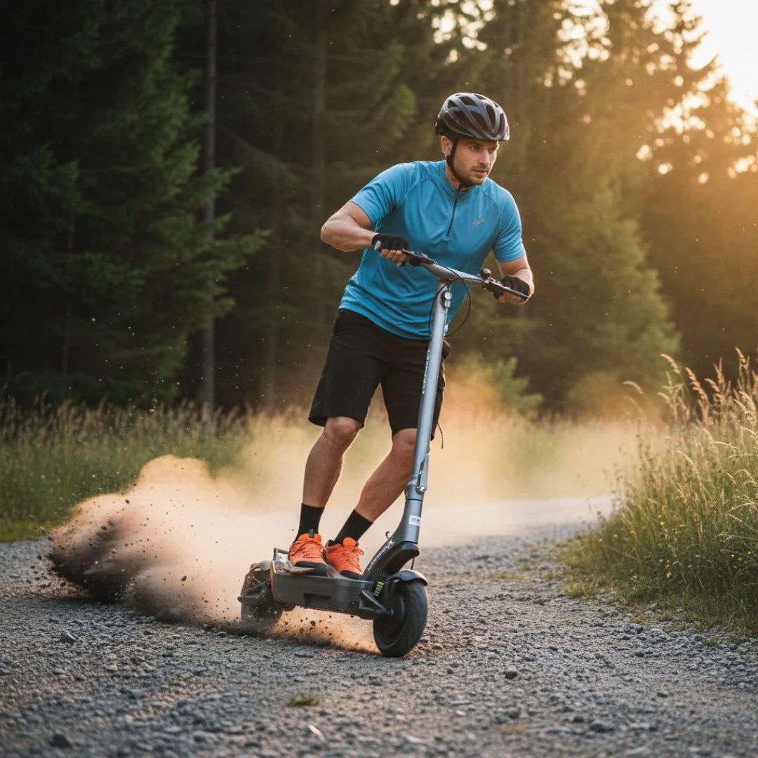Electric scooter MS Energy Urban X – man riding on gravel path, kicking up dust