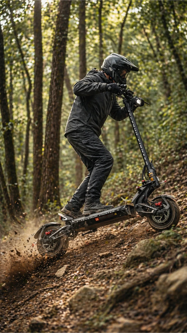 Electric scooter Teverun Fighter 11+ 2026 – rider on forest dirt path