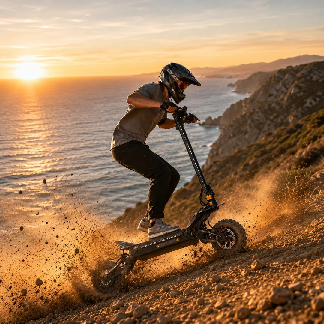Electric scooter Teverun Fighter 11+ 2026 – rider on dirt path, ocean background