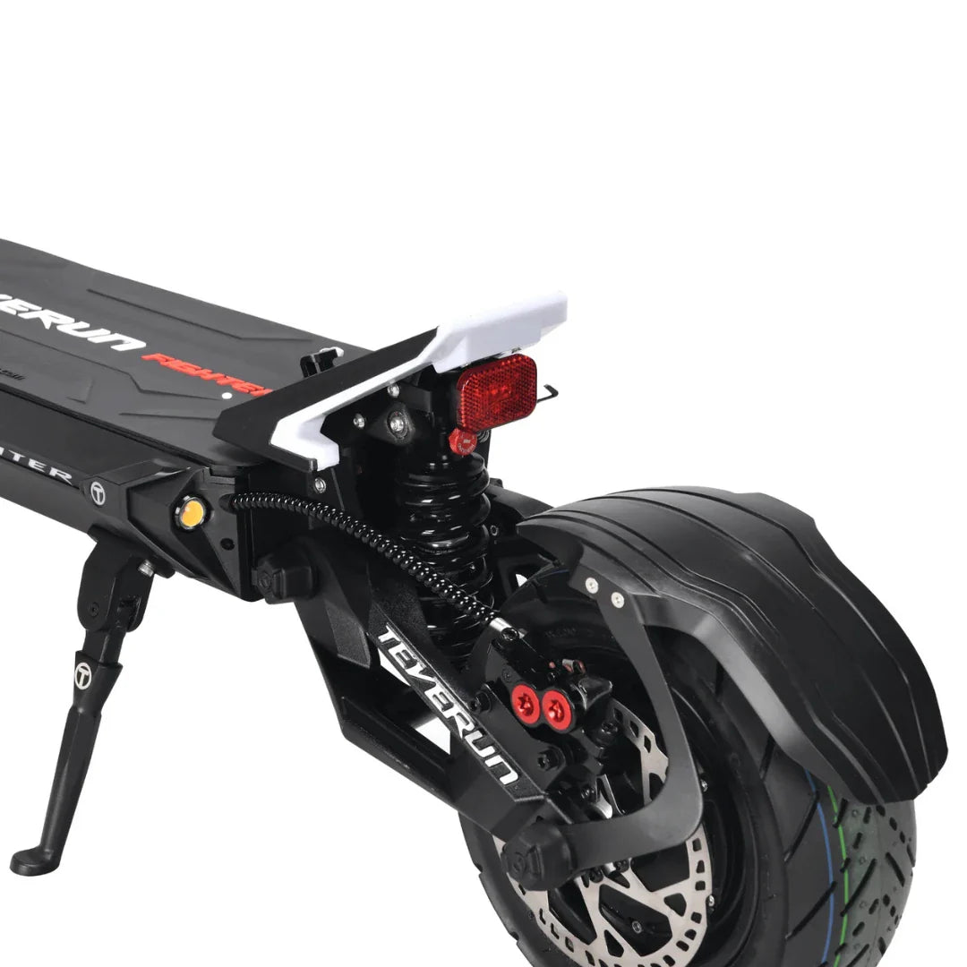 Electric scooter Teverun Fighter 11+ 2026 – rear wheel, suspension, and brake detail